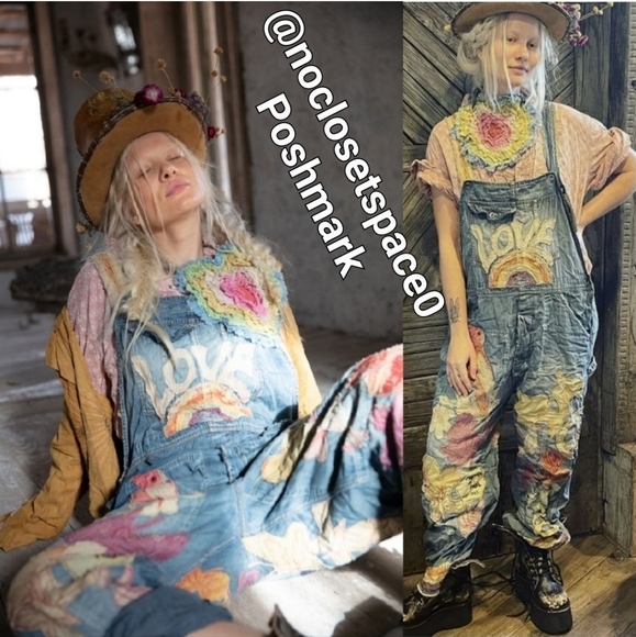 New Magnolia Pearl Love Applique Overalls Woodstock 039 Overall Denim Jean Jeans - Picture 5 of 17